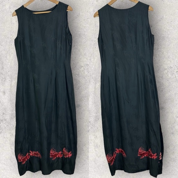 Citron Dresses & Skirts - Vintage Citron 100% Silk Black Maxi Dress Fish Embroidery Size Small Side Zipper